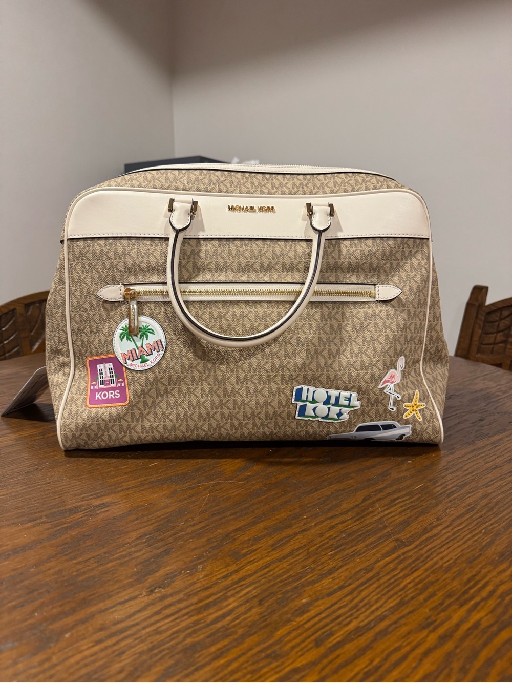 Michael Kors Beige Signature Satchel with Cream Trim and Travel Patches